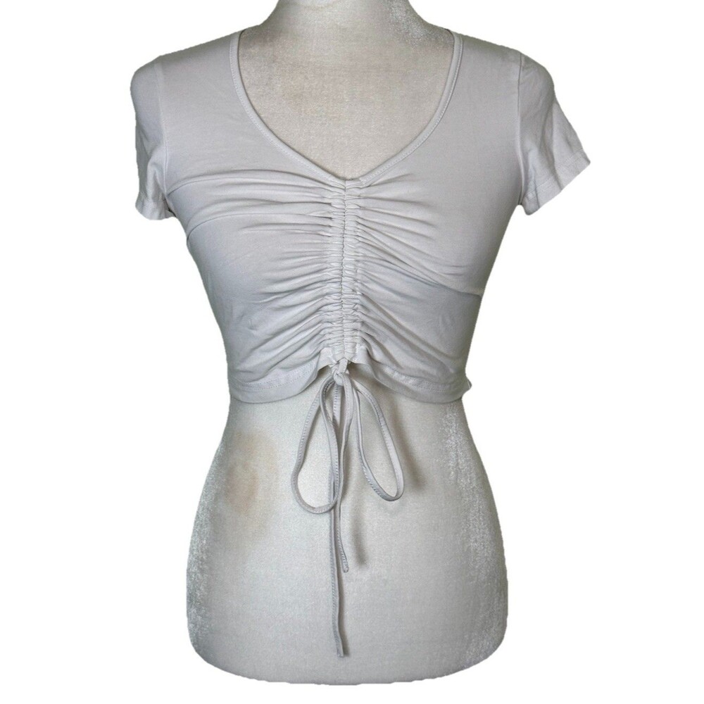 Women White Neo Y2K Ruched Drawstring Crop Top Short Sleeve Tie Front Size Small